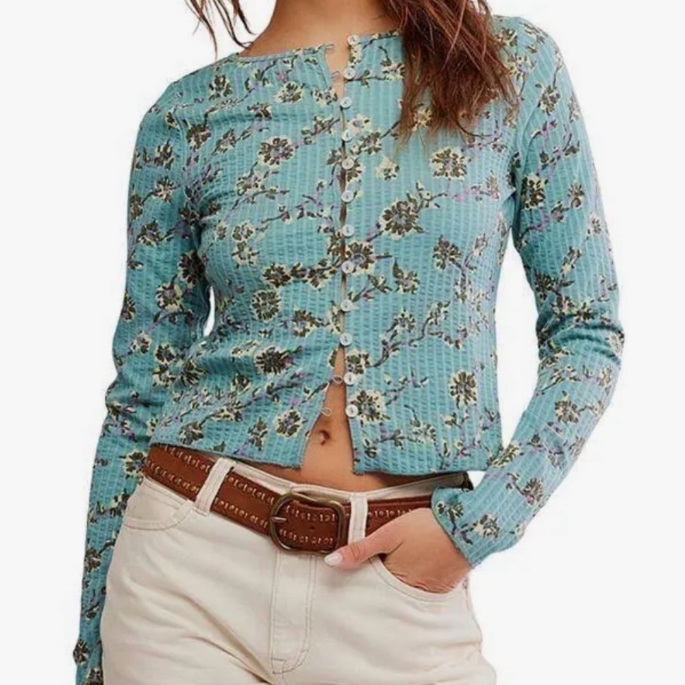 Free People Tilly long sleeve top in mineral blue combo, 100% cotton size Large